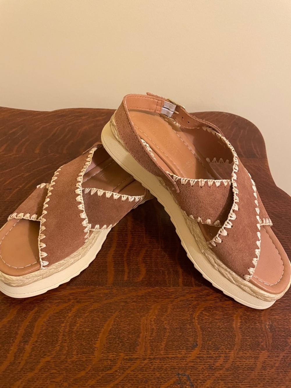 Brown Suede Crisscross Sandals with Cream Stitching